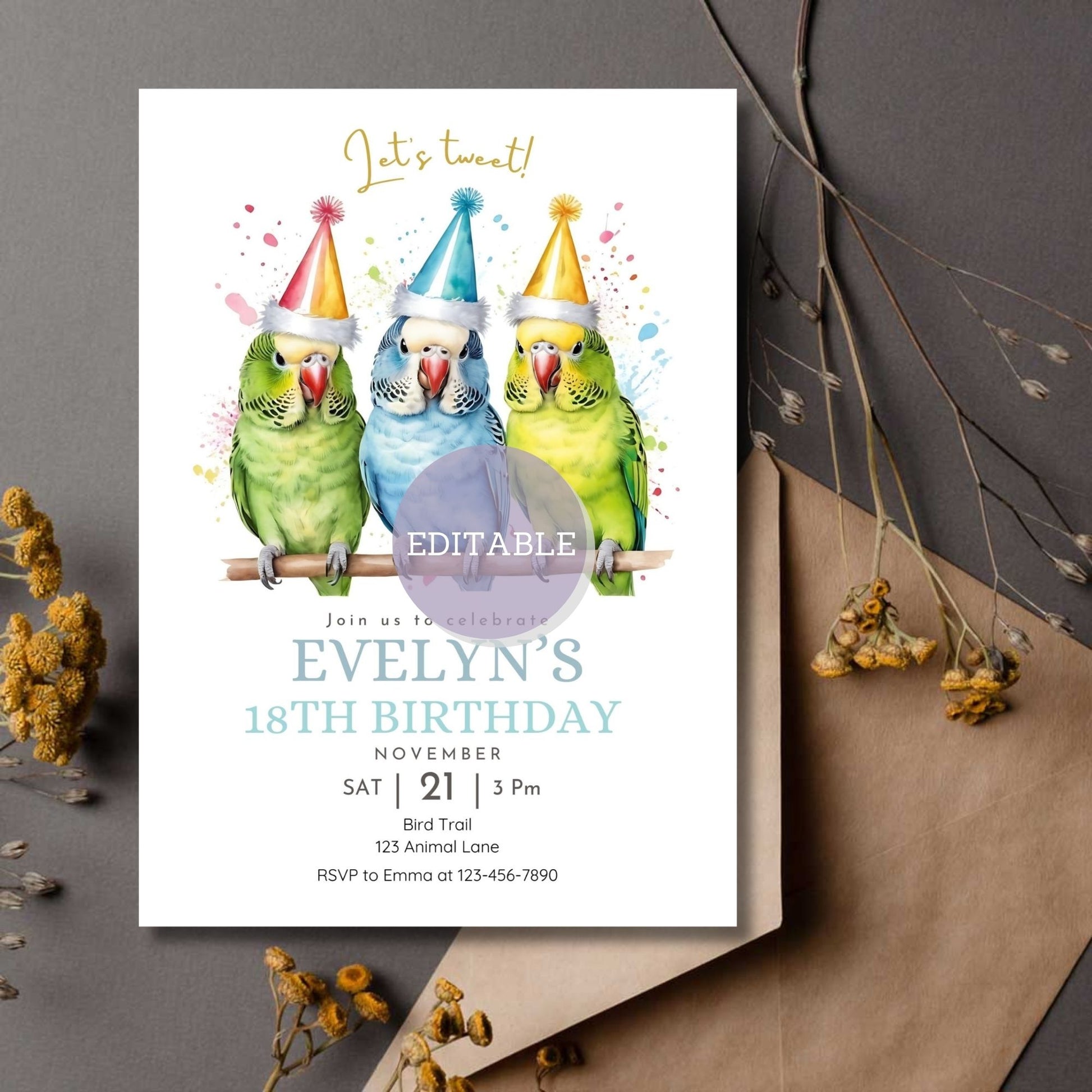 Editable parakeets birthday invitation template in Canva