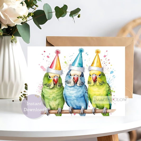 Greeting card with three colorful parakeets wearing party hats on a white surface.