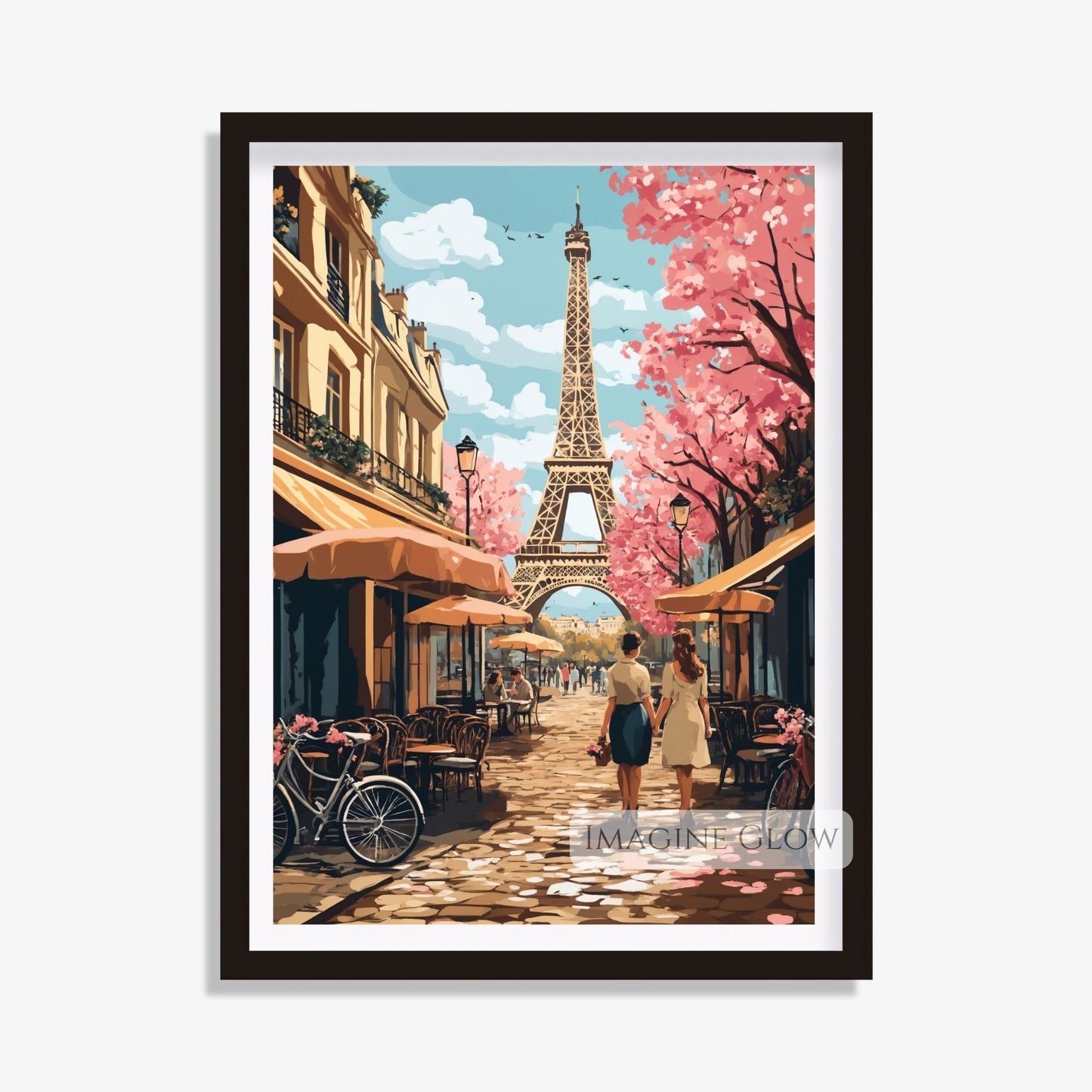 Vintage Paris spring scene with Eiffel Tower and florals.
