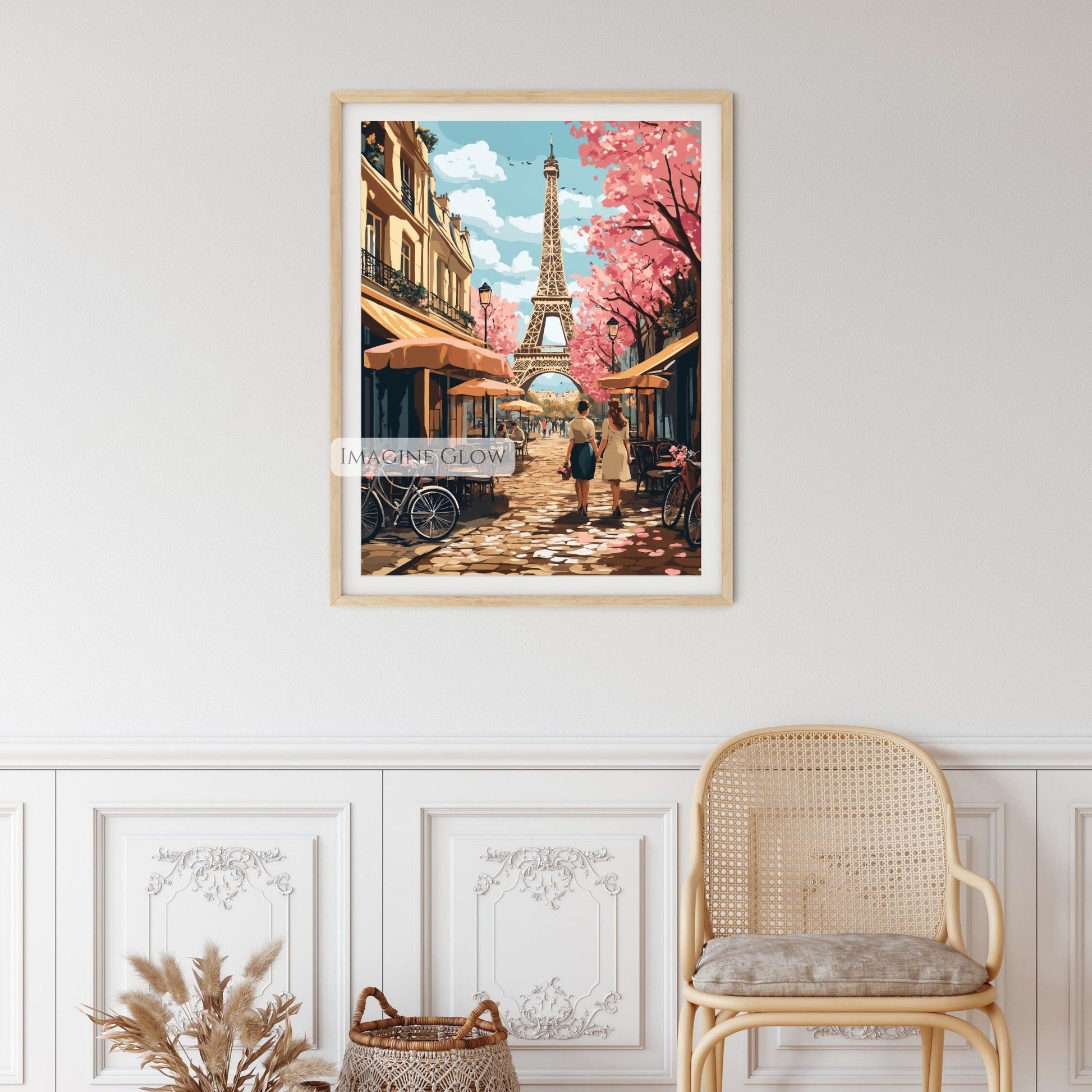 Paris-themed decor with Eiffel Tower and blooming flowers.
