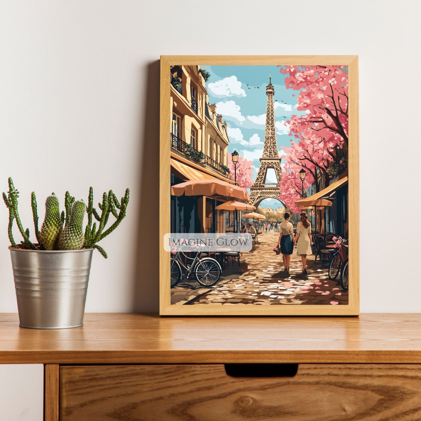 Romantic springtime art with Eiffel Tower and Parisian charm.
