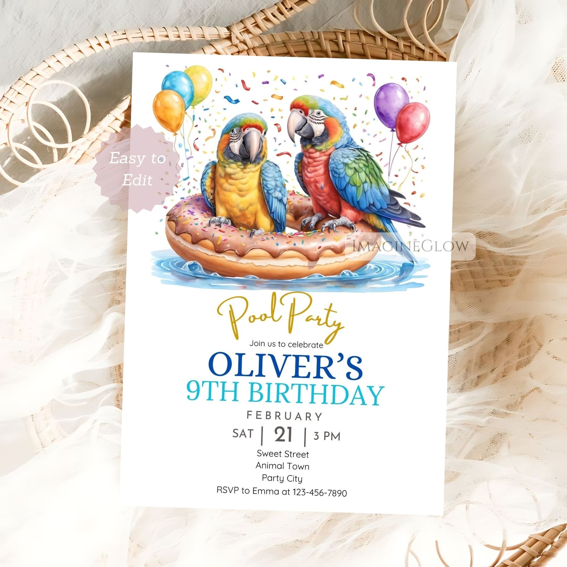 Parrot-themed summer birthday invite
