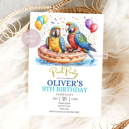 Parrot-themed summer birthday invite
