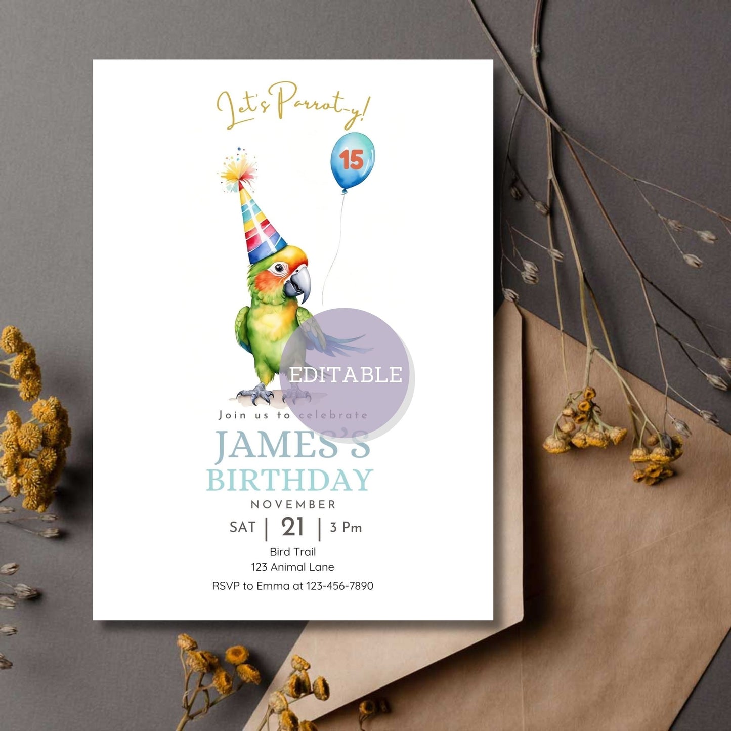 Editable parrot birthday invitation template in Canva