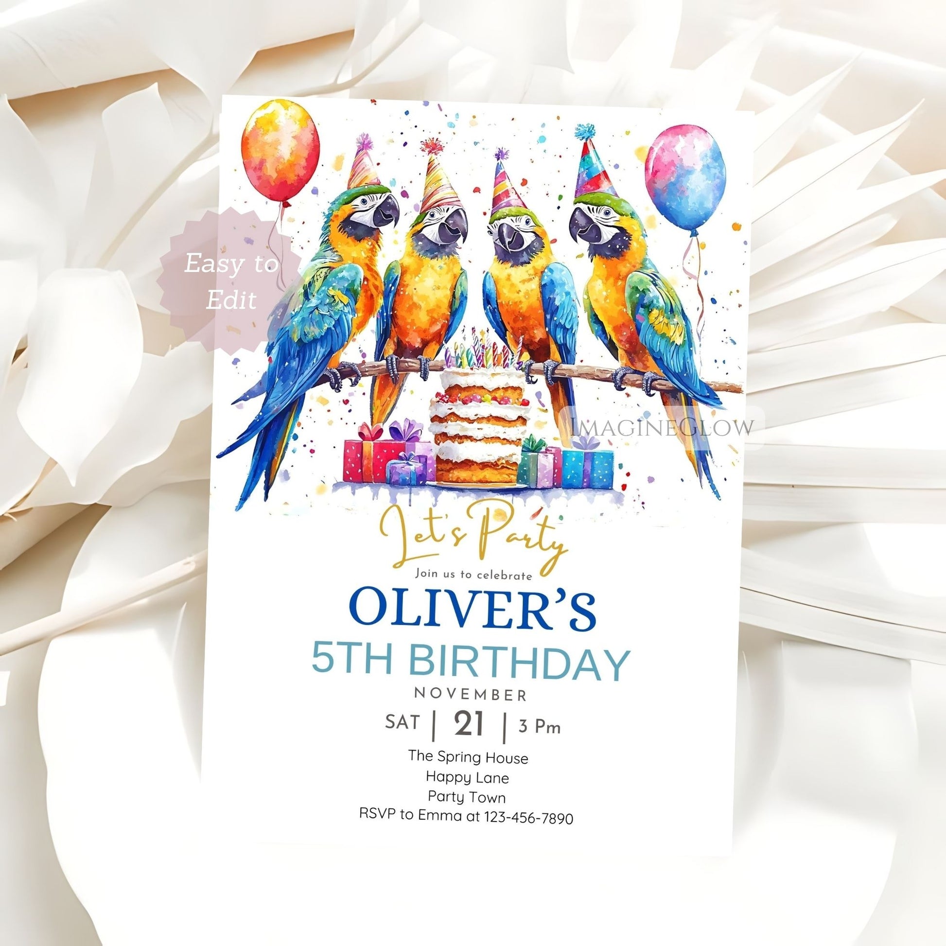 Bright exotic bird birthday invitation
