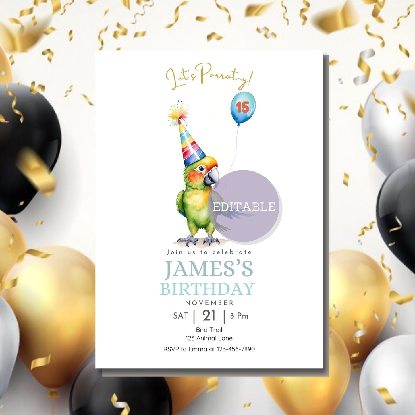 Parrot-themed birthday invitation template for a tropical party