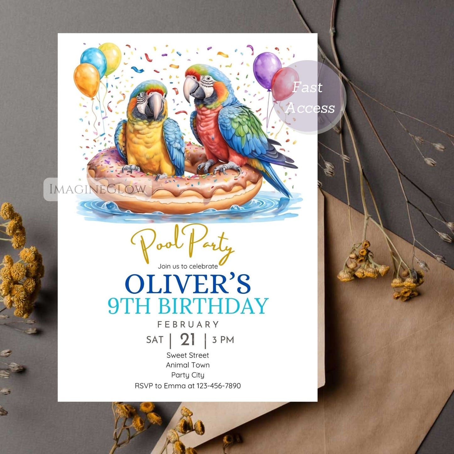 Editable parrot pool party invitation
