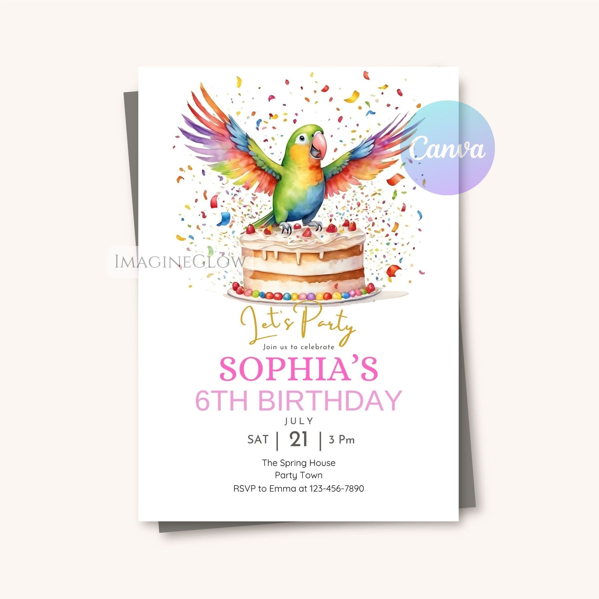 tropical parrot party invitation editable printable
bright parrot birthday card tropical celebration theme

