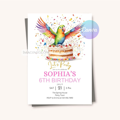 tropical parrot party invitation editable printable
bright parrot birthday card tropical celebration theme

