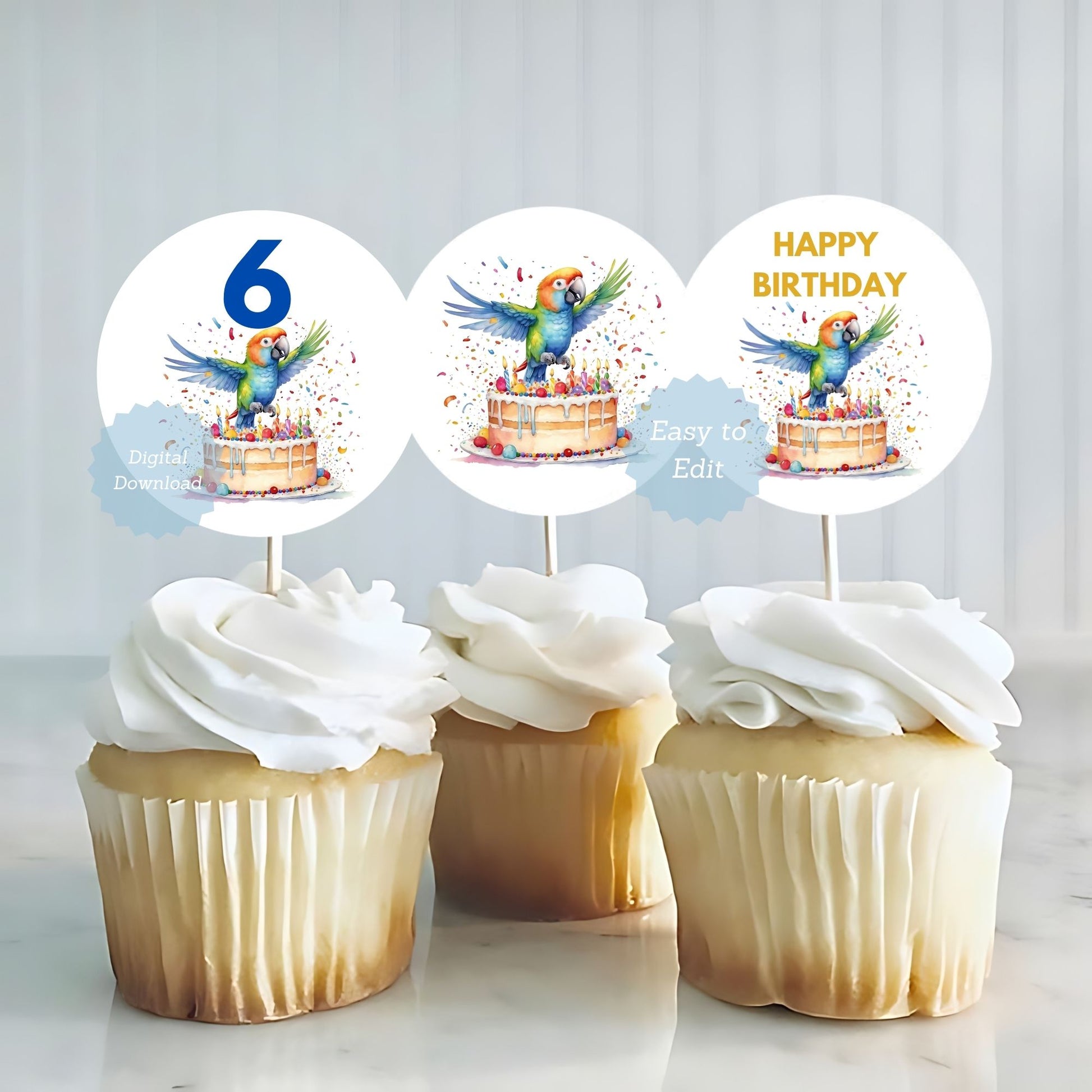 parrot birthday decorations, tropical cupcake toppers, bird birthday party