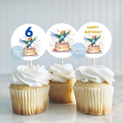 parrot birthday decorations, tropical cupcake toppers, bird birthday party