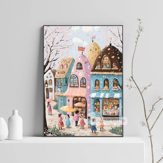 Whimsical Easter town with pastel houses and festive decorations

