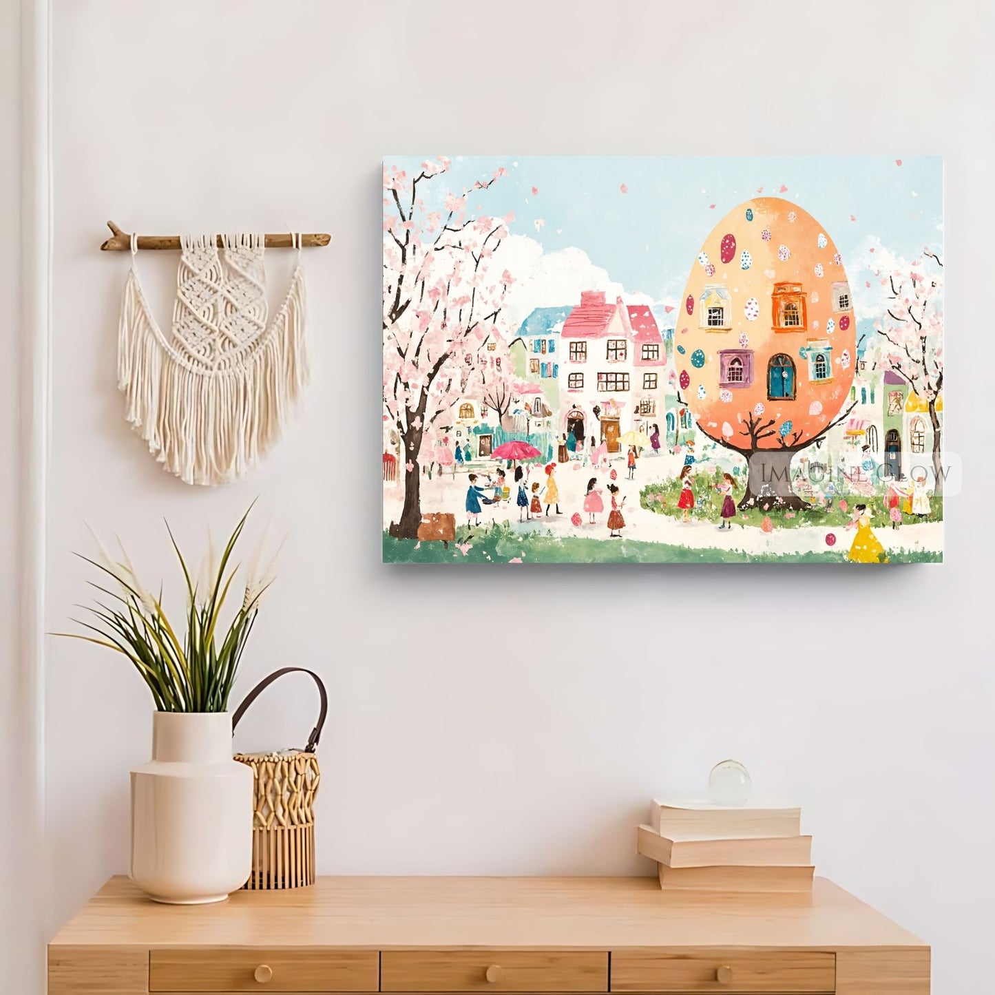 Whimsical spring scene with houses, Easter eggs, and floral accents