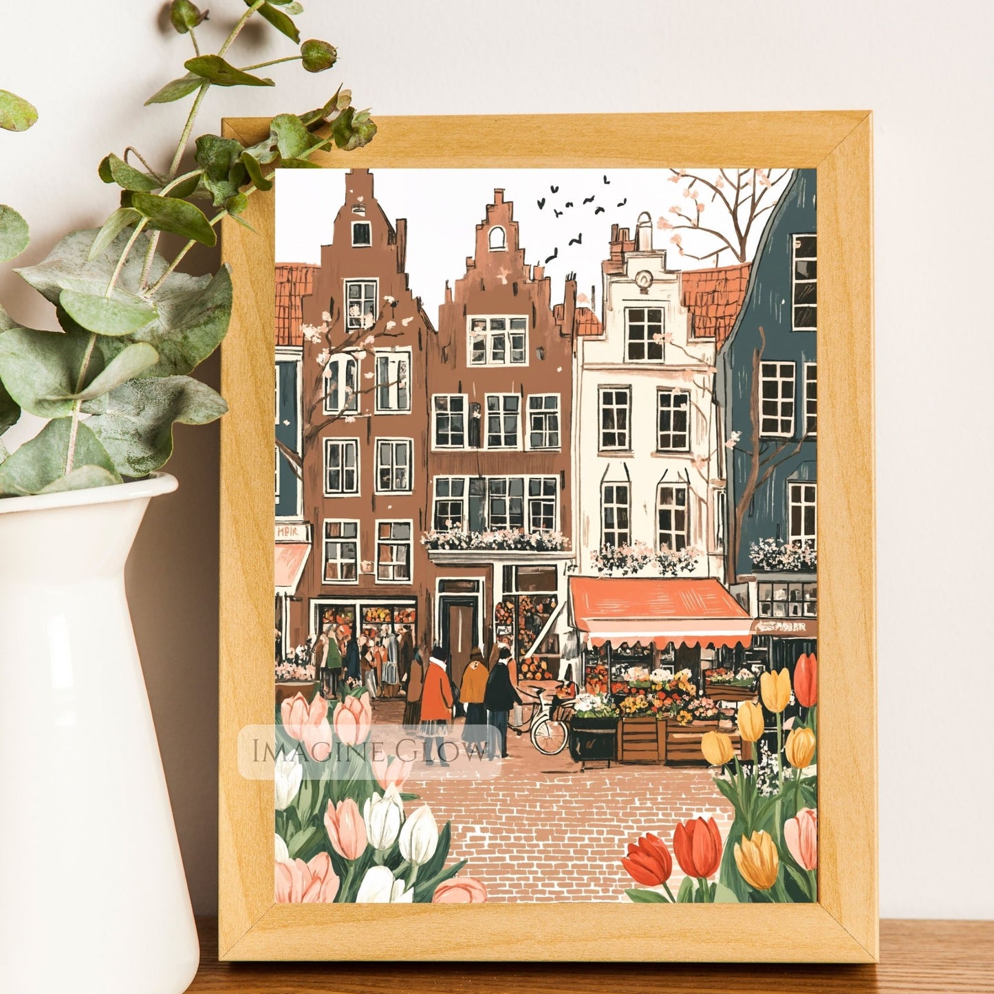 Old town spring art featuring vibrant tulips and delicate cherry blossoms.
