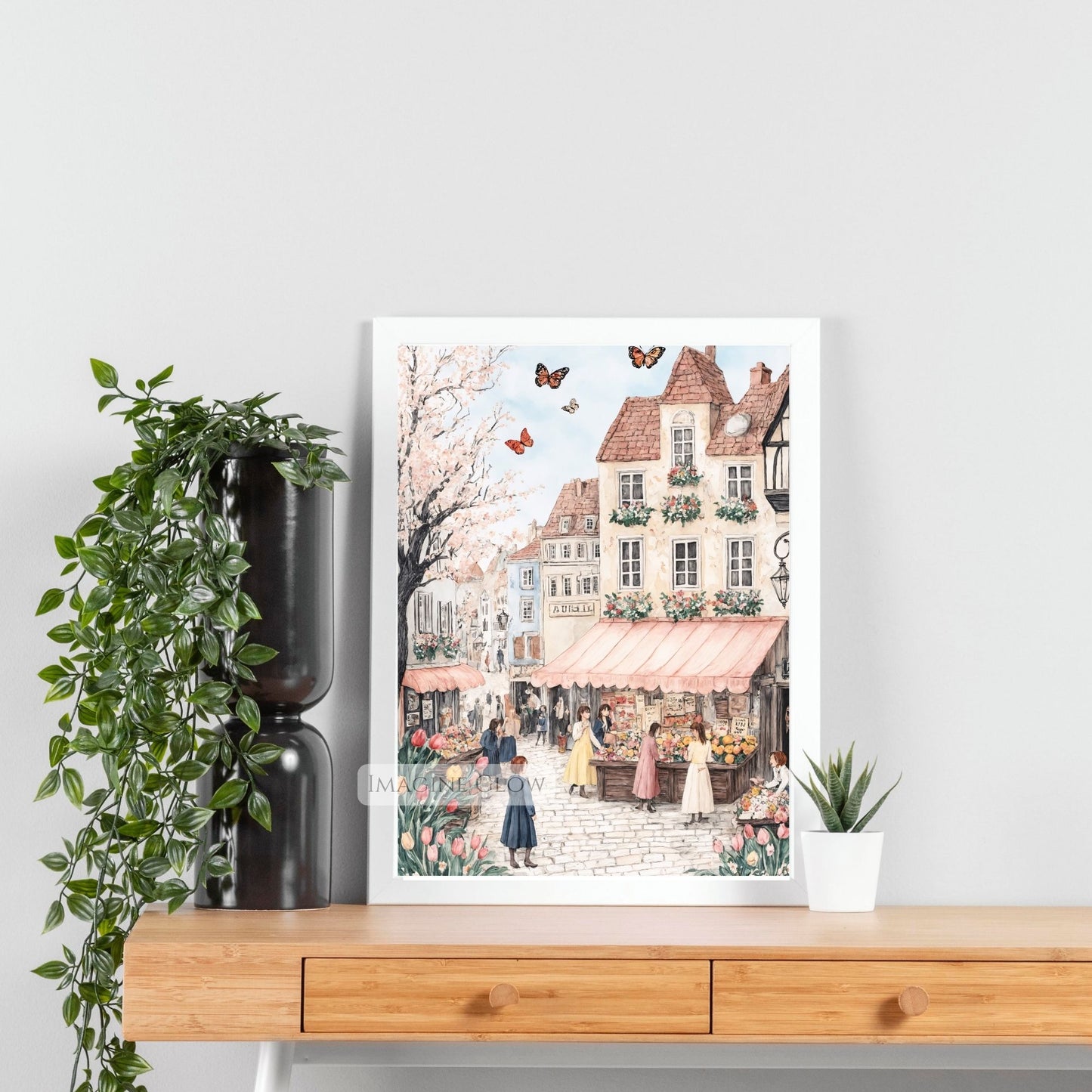 Hand-Drawn Cherry Blossoms and Tulips in Spring Town
