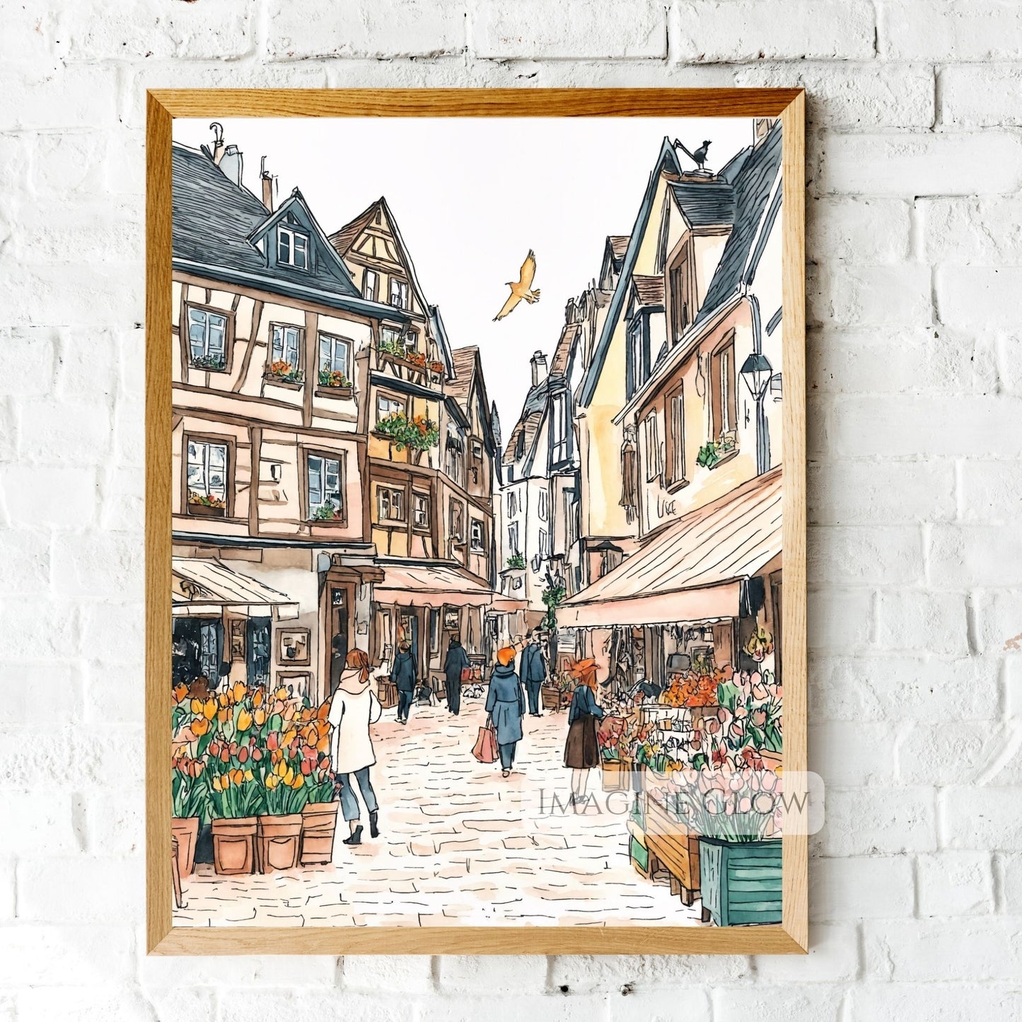 Artistic floral market street scene with cobblestones and bright blooms.
