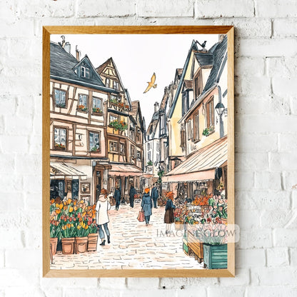 Artistic floral market street scene with cobblestones and bright blooms.
