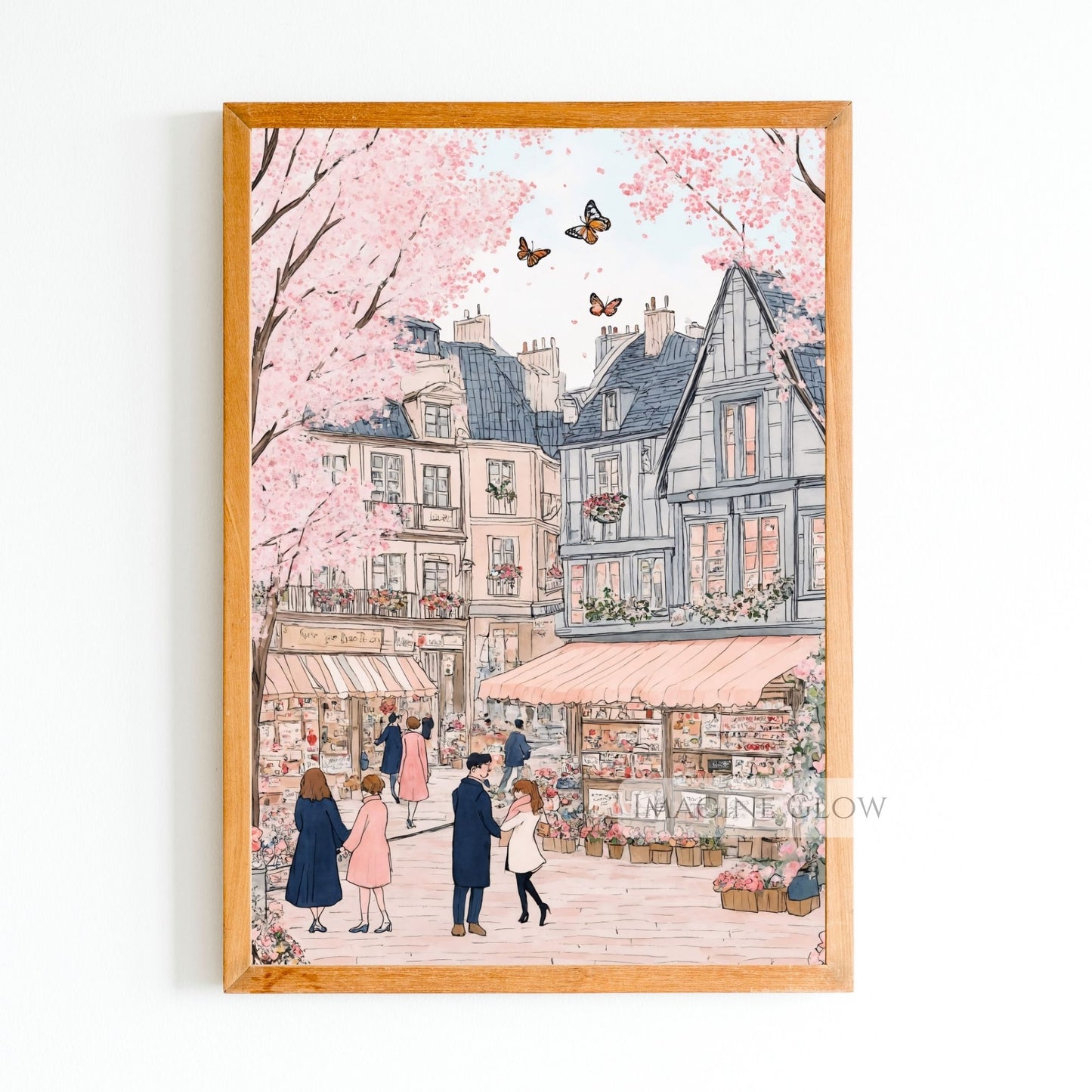 Blooming tulips and cherry blossoms in a charming spring cityscape.
