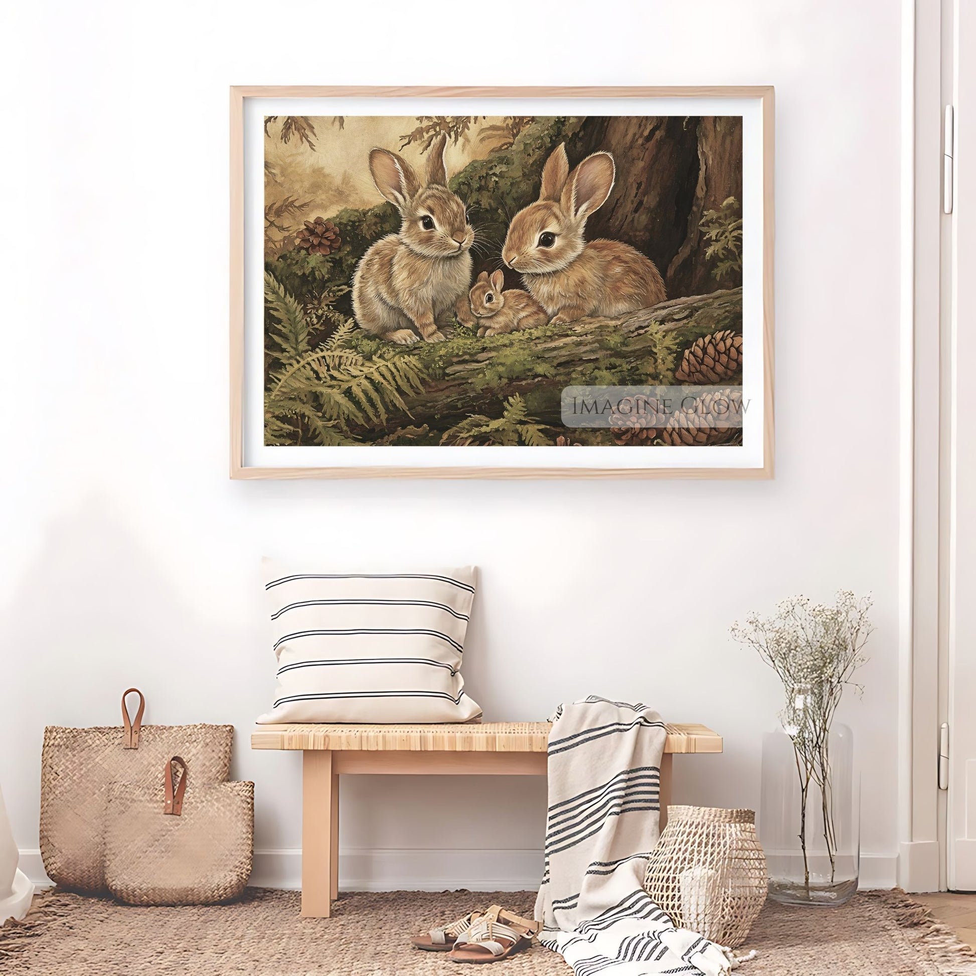 Vintage-inspired woodland rabbit family illustration.
