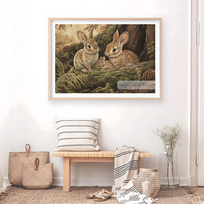Vintage-inspired woodland rabbit family illustration.
