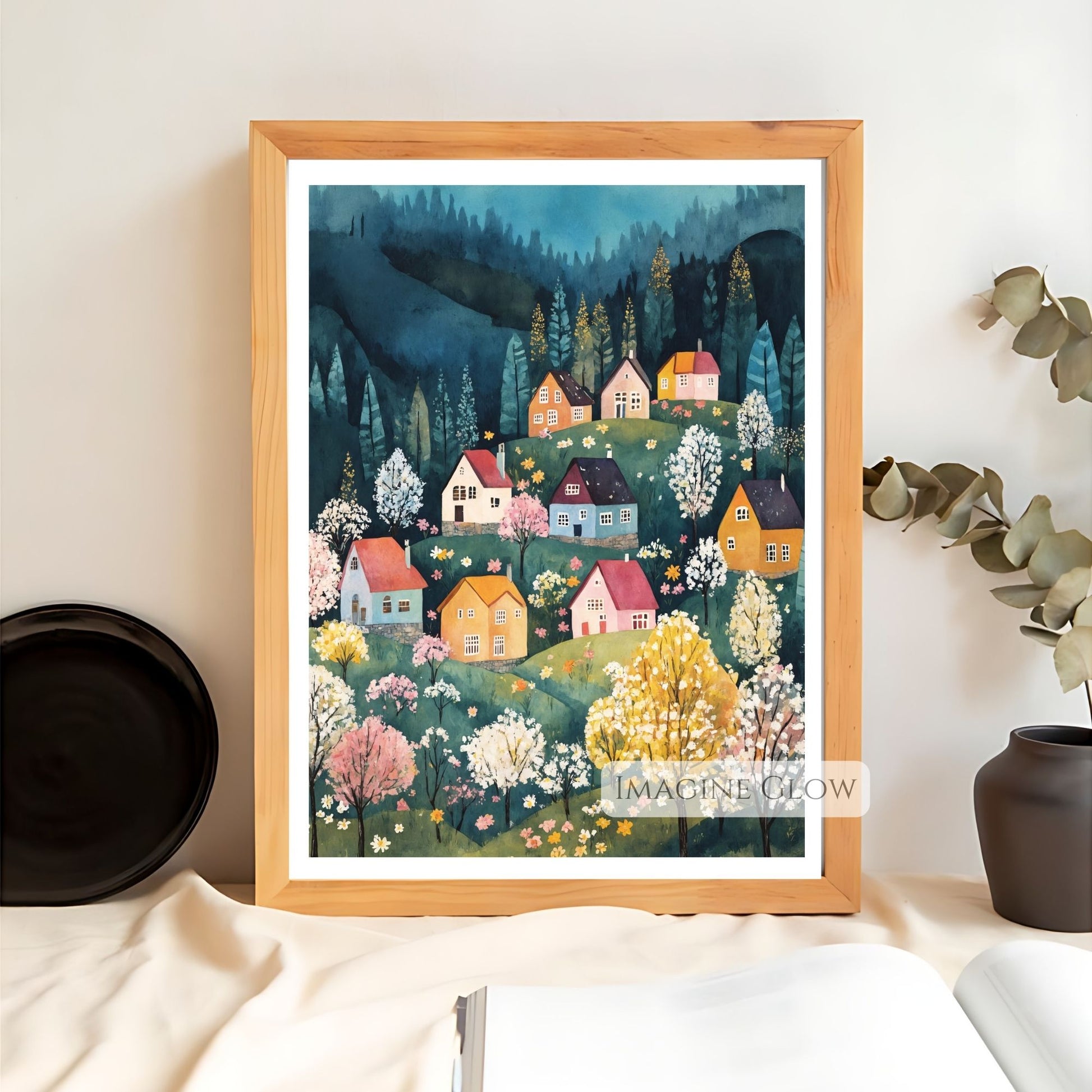 Pastoral village with blossoms in springtime illustration
