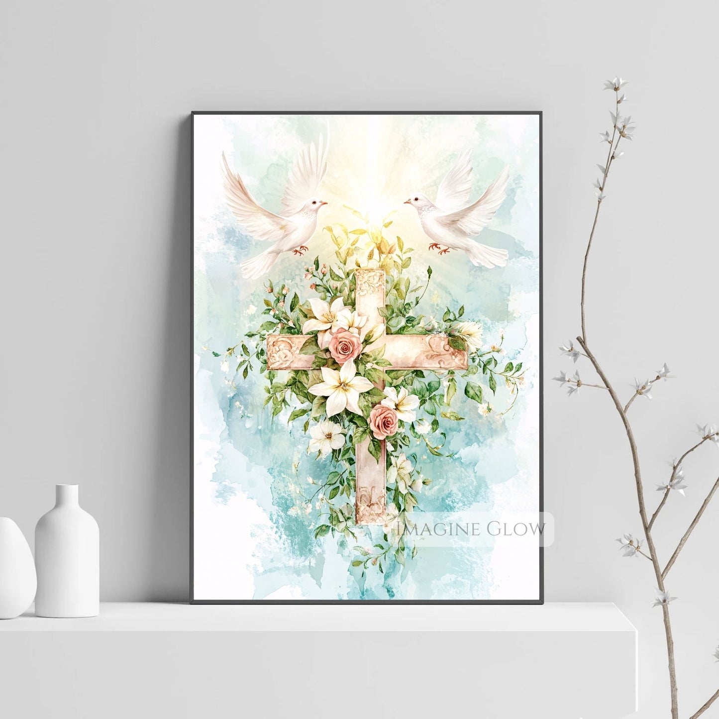 Floral Cross with Two Doves Wall Art - Peaceful Christian Decor - Religious Spring Artwork