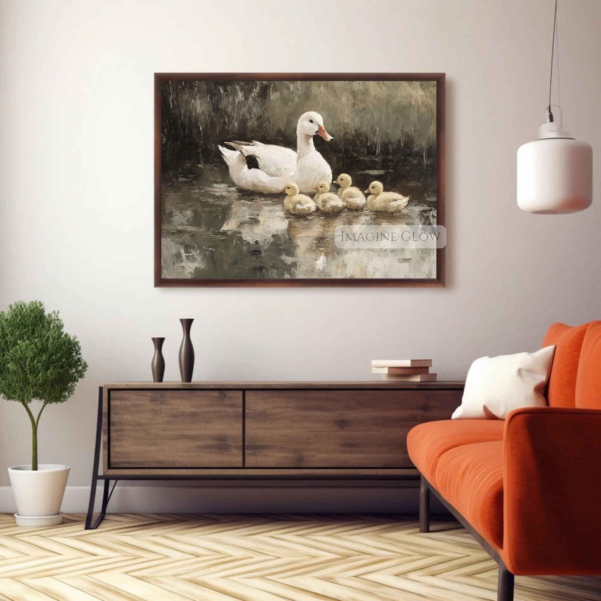 Serene duck and ducklings painting for nature lovers
