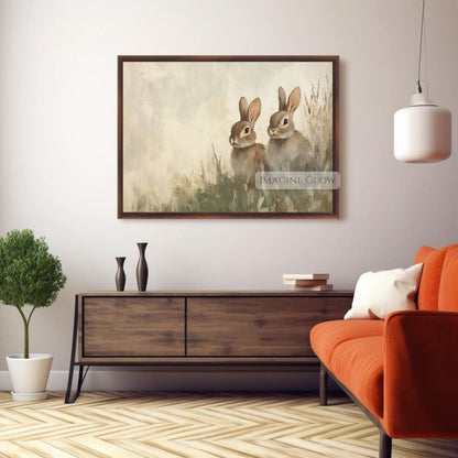 Farmhouse wall art featuring two bunnies in nature
