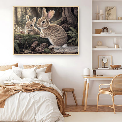 Animal lovers forest scene with rabbits wall art.
