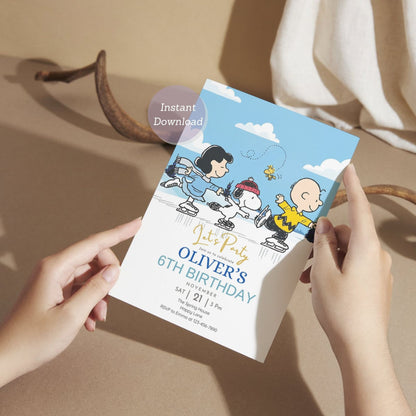 snoopy ice rink party invitation
winter cartoon birthday invite
