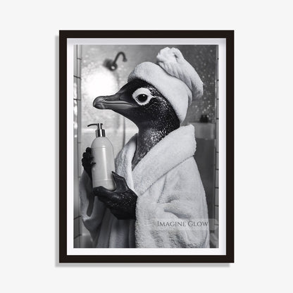 Penguin in bathrobe bathroom print
