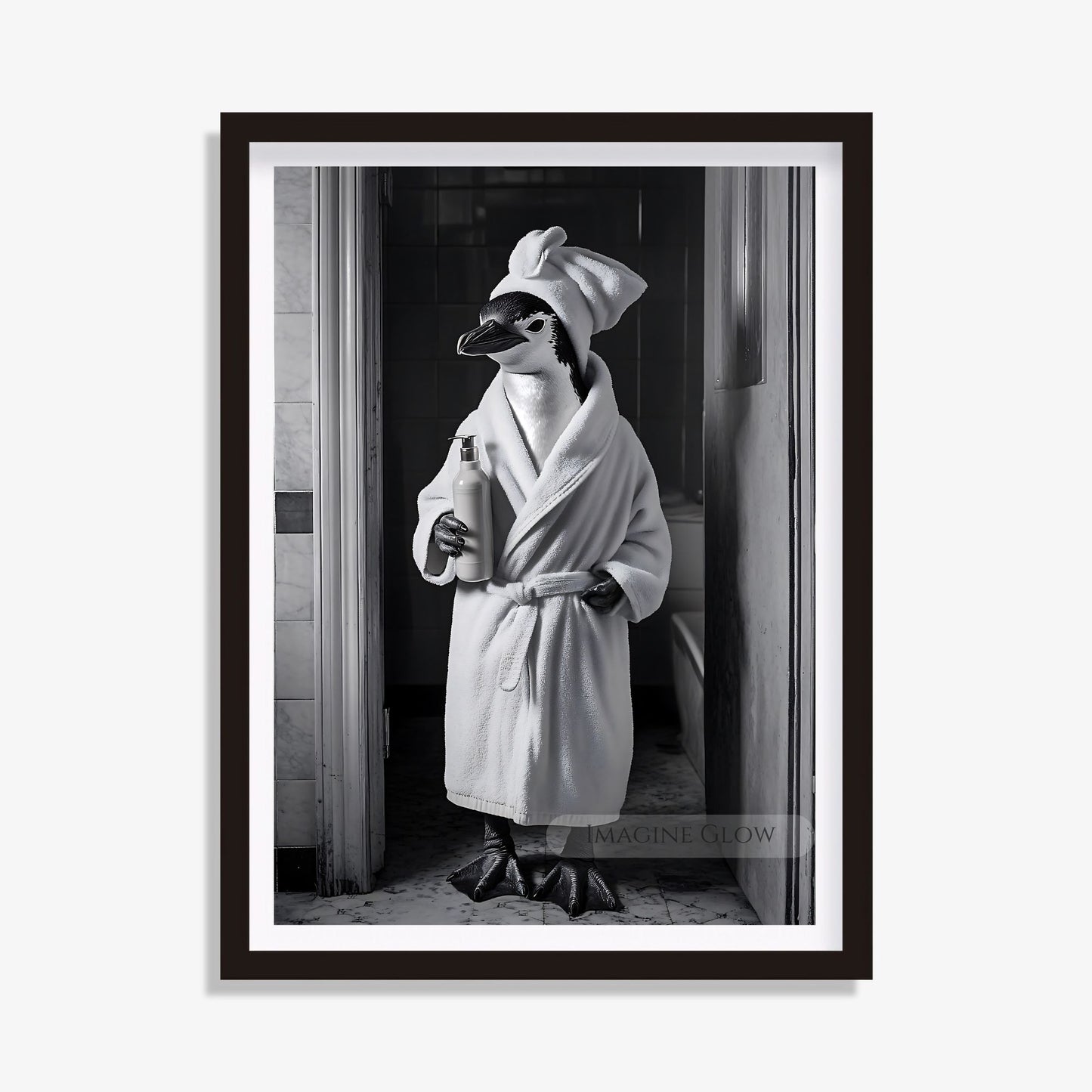 Penguin print animal bathroom wall art black and white
