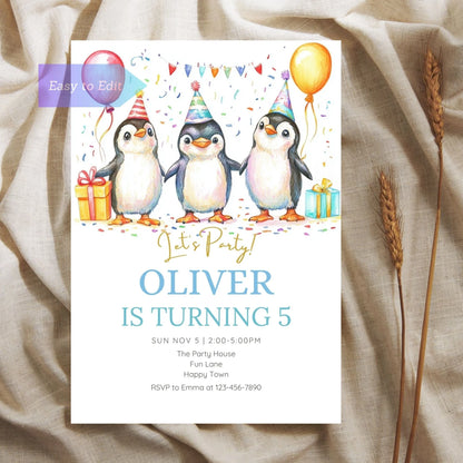 Kids winter-themed penguin party invitation.
