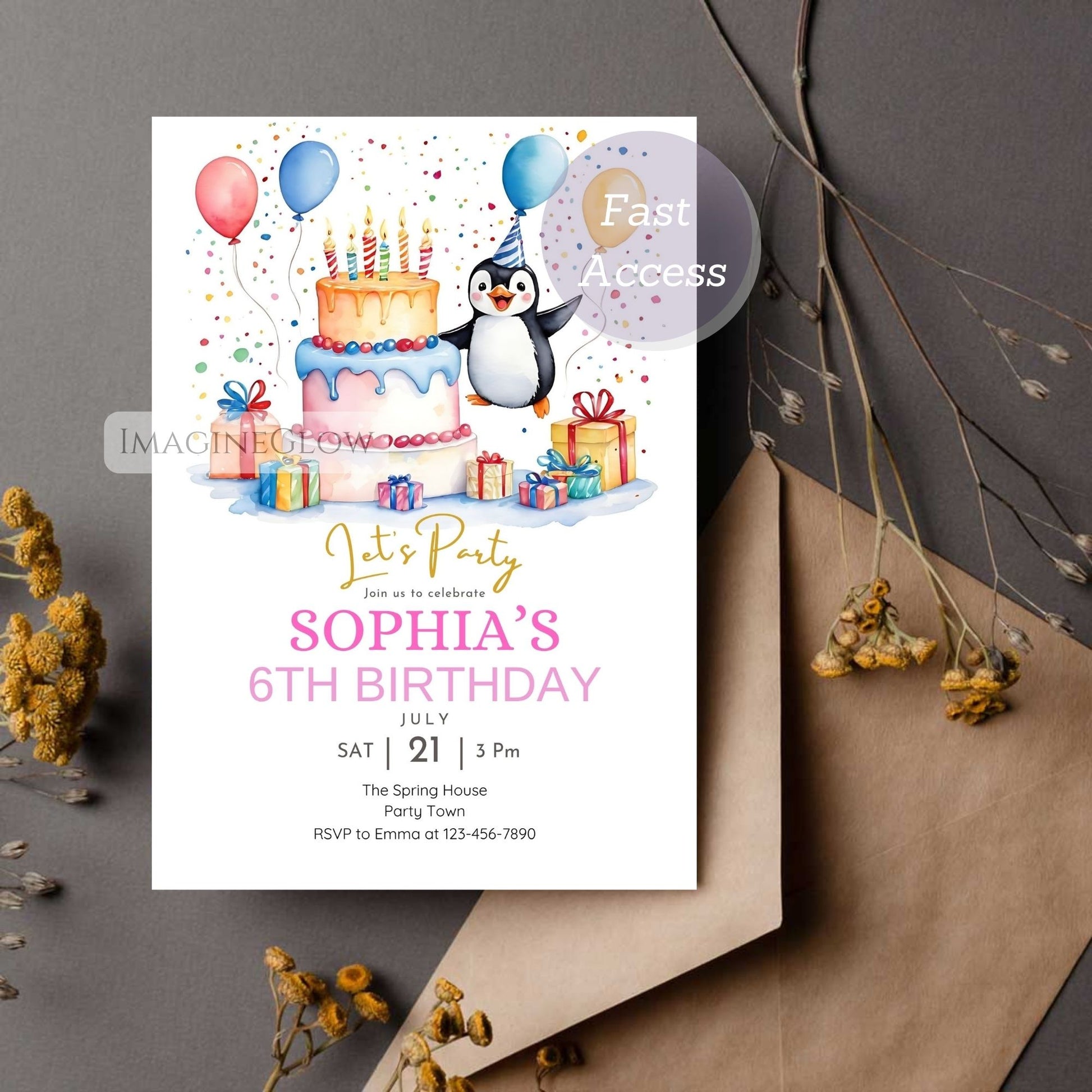 cute penguin themed birthday invitation digital
