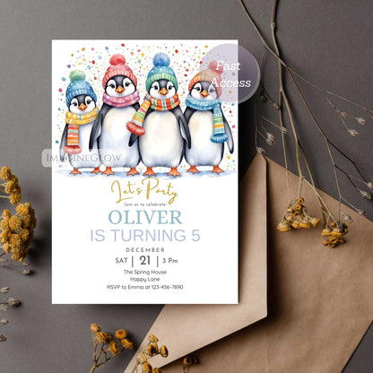 customizable winter penguin birthday party card
digital penguin birthday invitation instant download
winter wonderland penguin theme birthday invite
editable penguin kids party printable invitation
