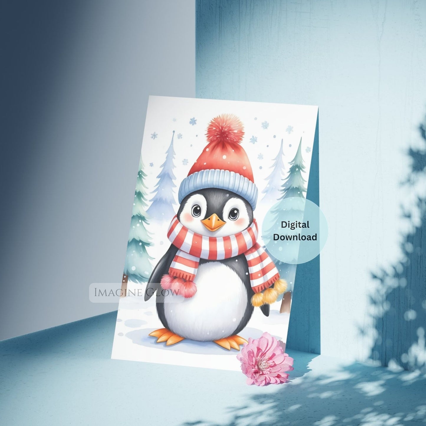 Digital download card with a penguin wearing a hat and scarf in a snowy landscape