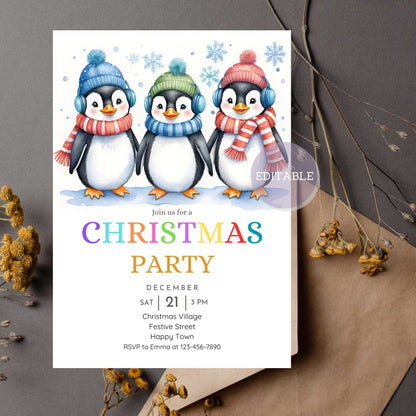 Editable Christmas card with whimsical penguin artwork.
