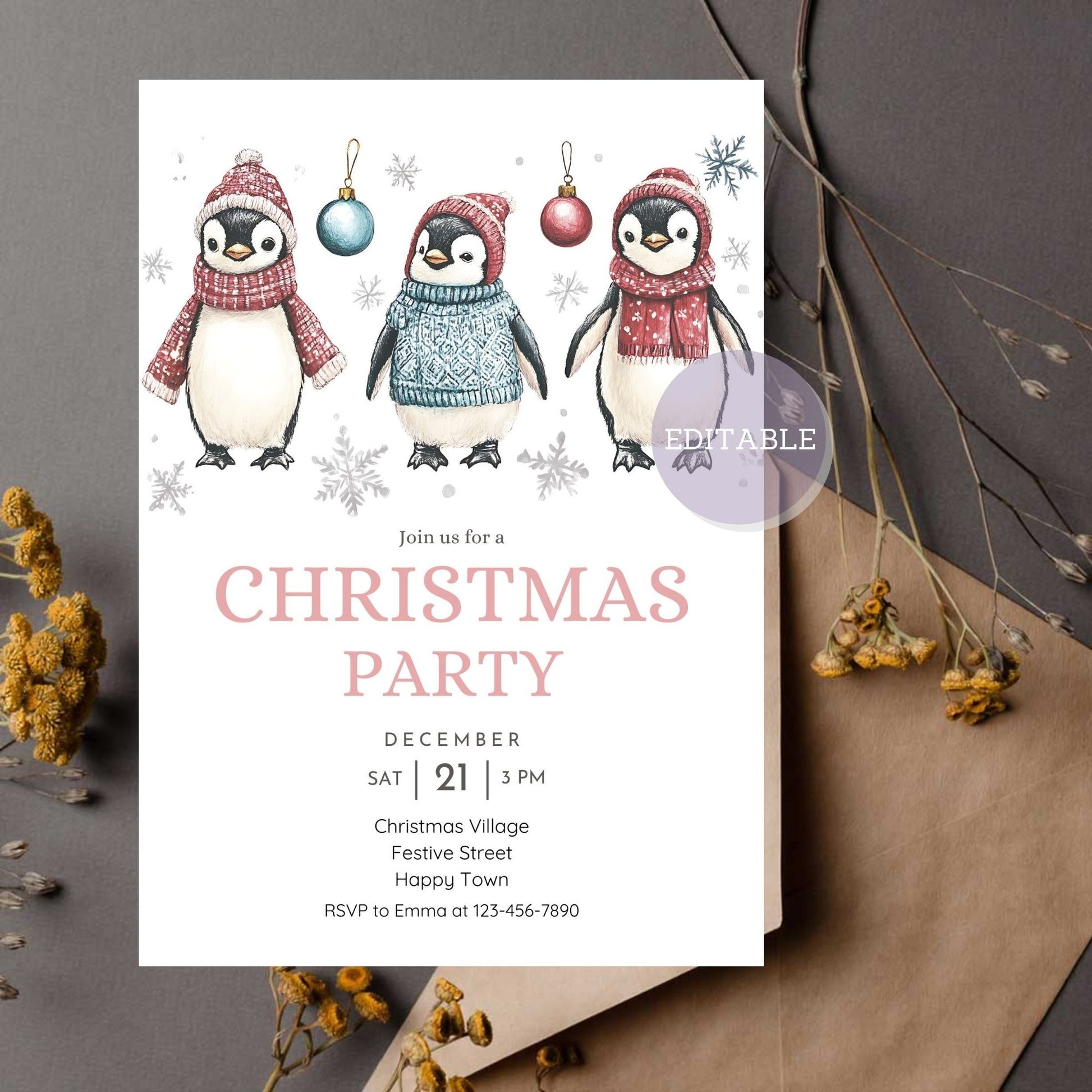 Editable Christmas card with whimsical penguin artwork.
