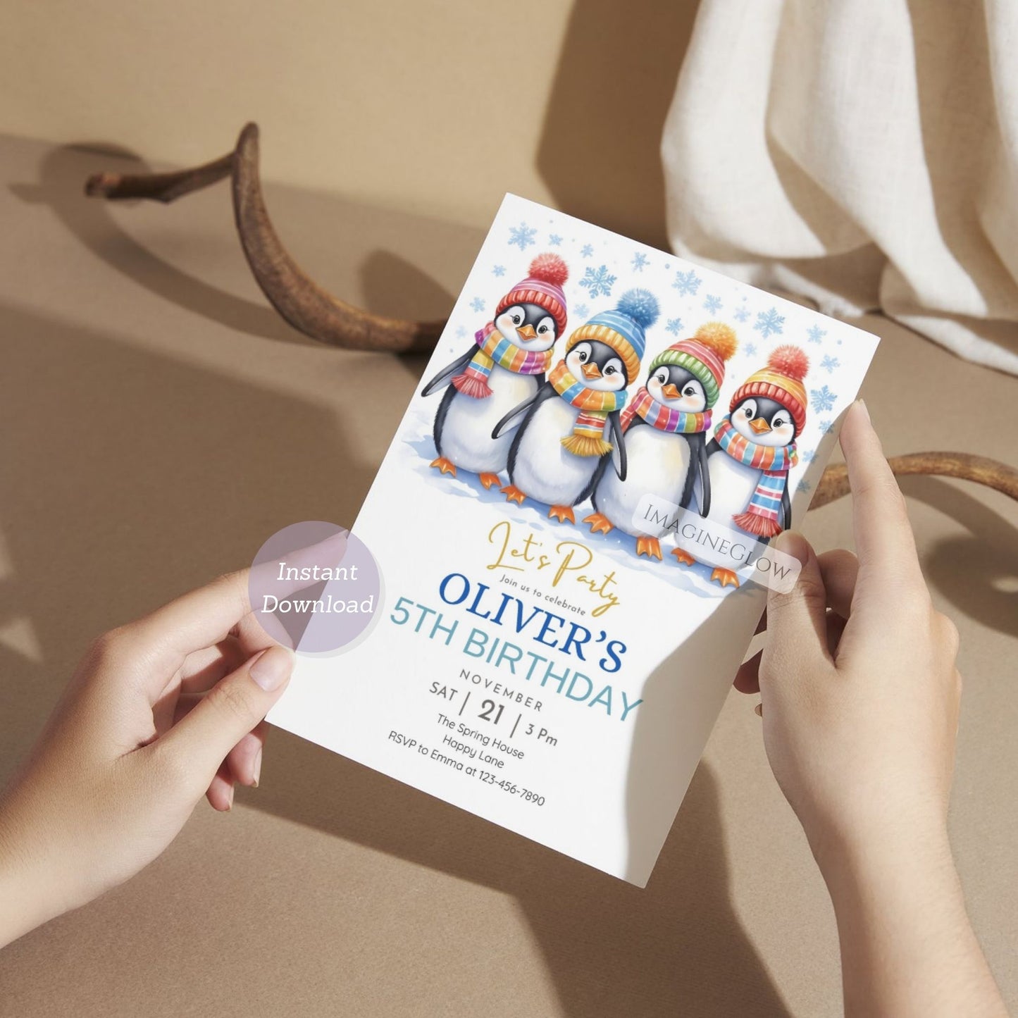 penguin digital birthday invitation printable
