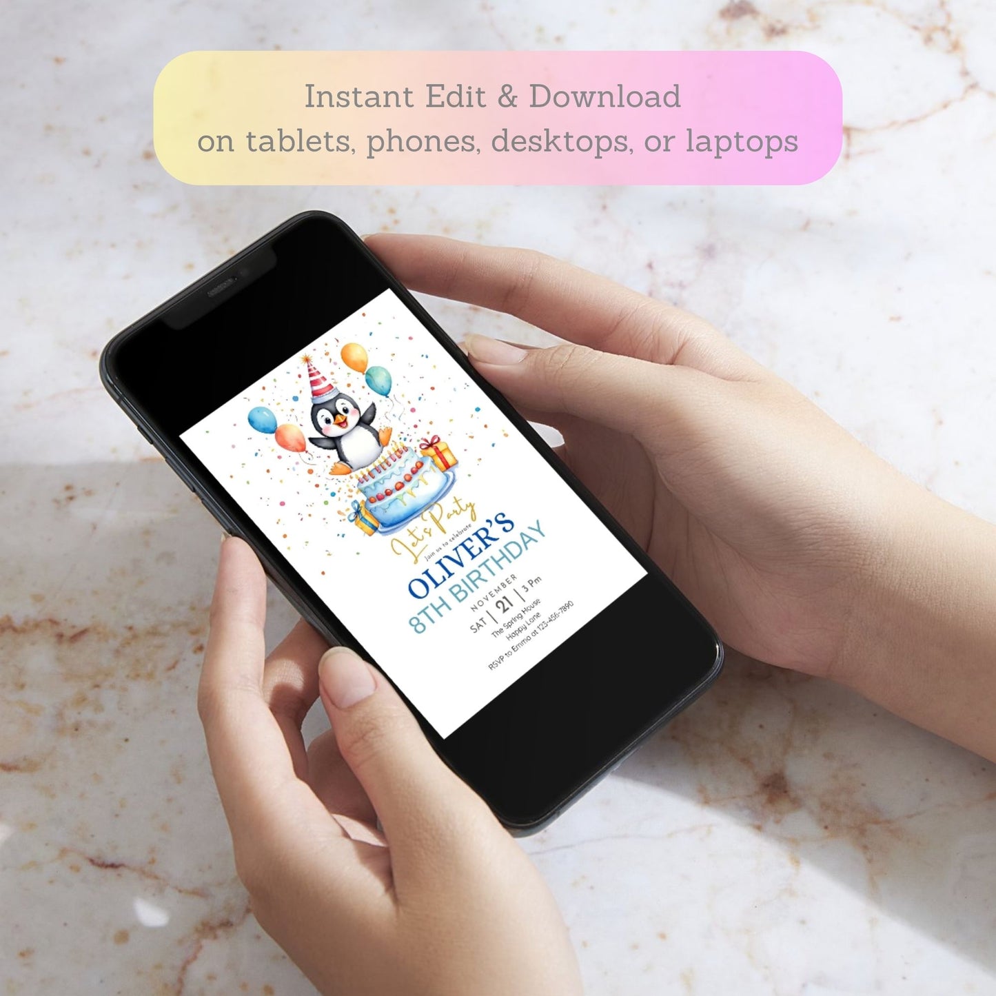 Penguin party invite with cake and balloons
