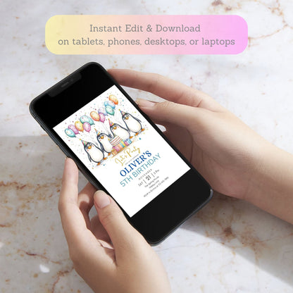 winter penguin printable birthday invite