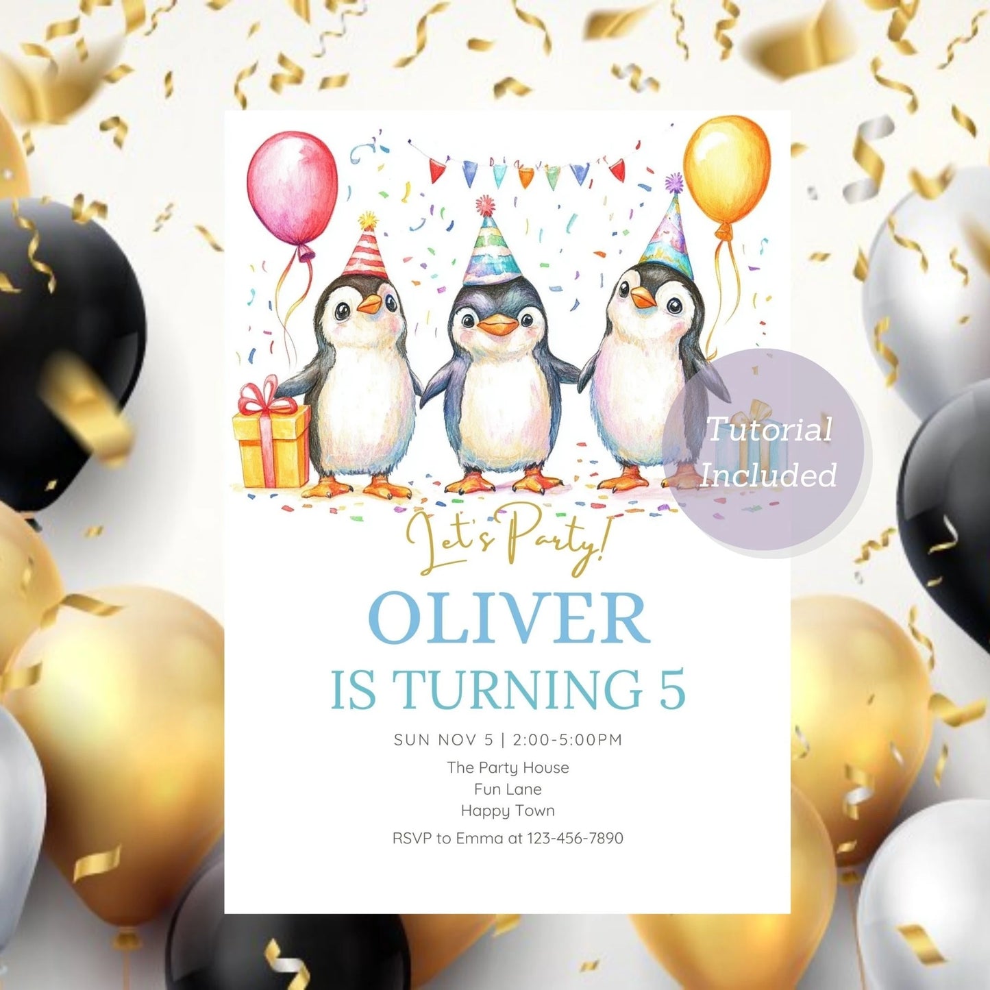 Penguin birthday invite with editable details for kids.
Cute winter penguin birthday invitation for kids.