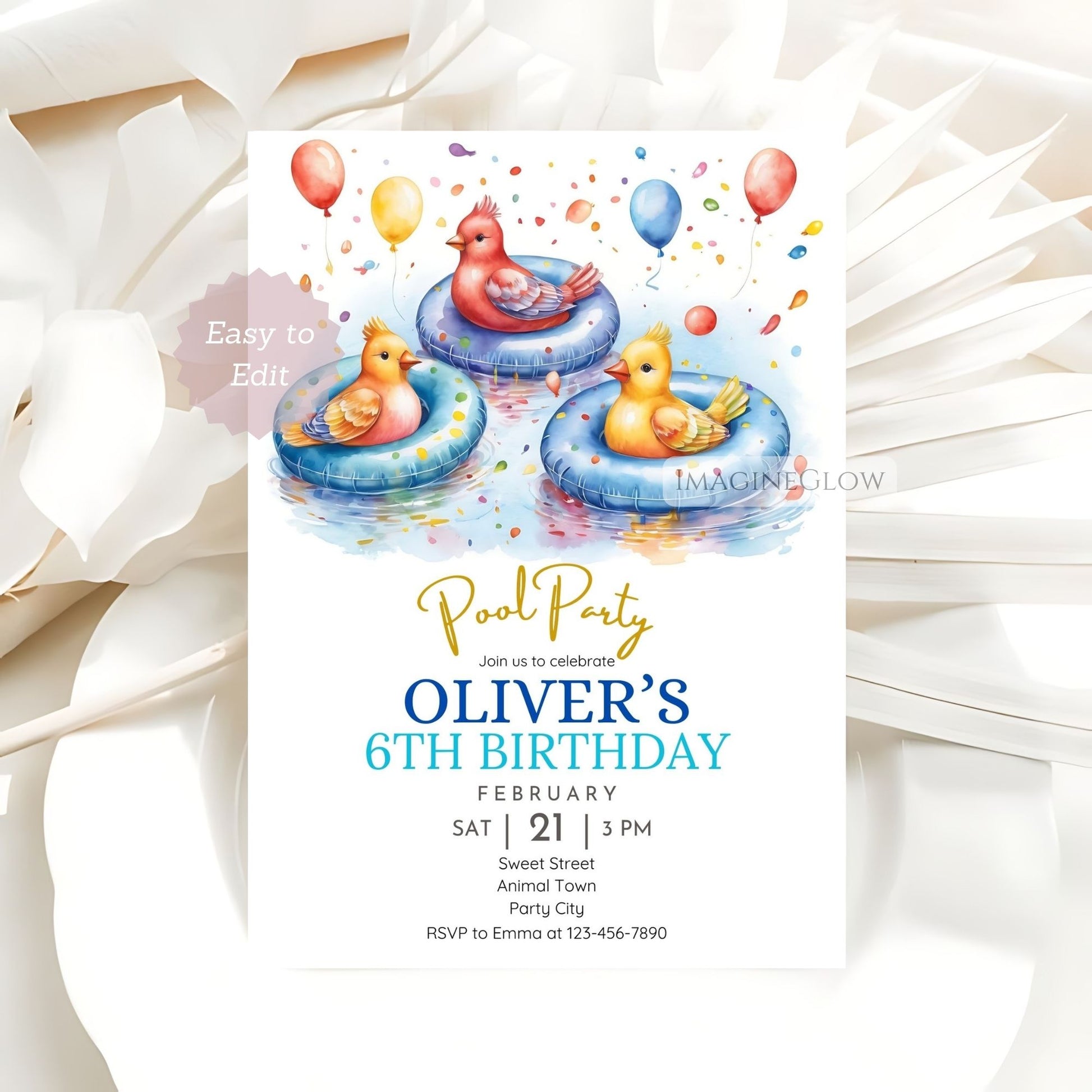 Editable summer pool party invitation with birds

