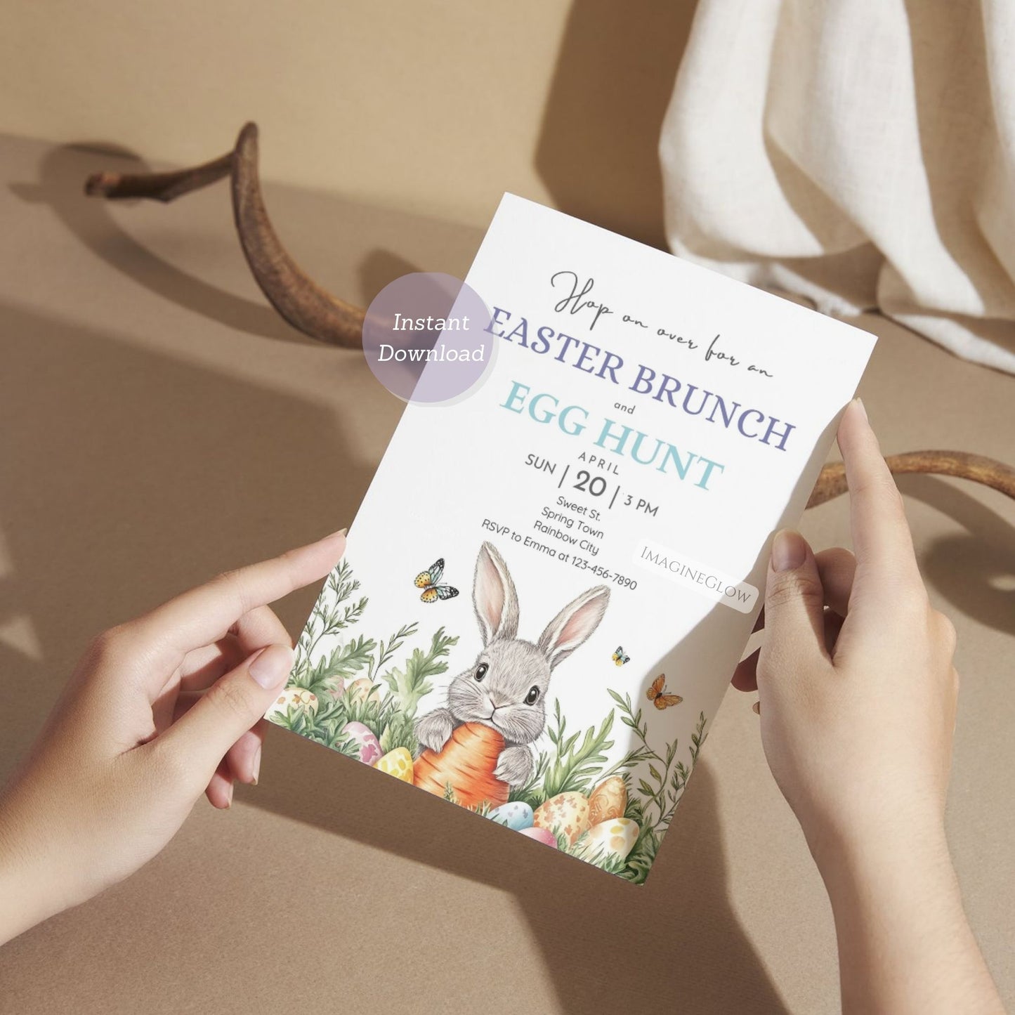 Bunny with Easter Basket and Eggs Editable Invitation
