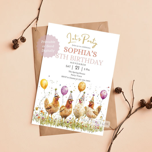 Chicken birthday invitation wildflower editable in Canva
