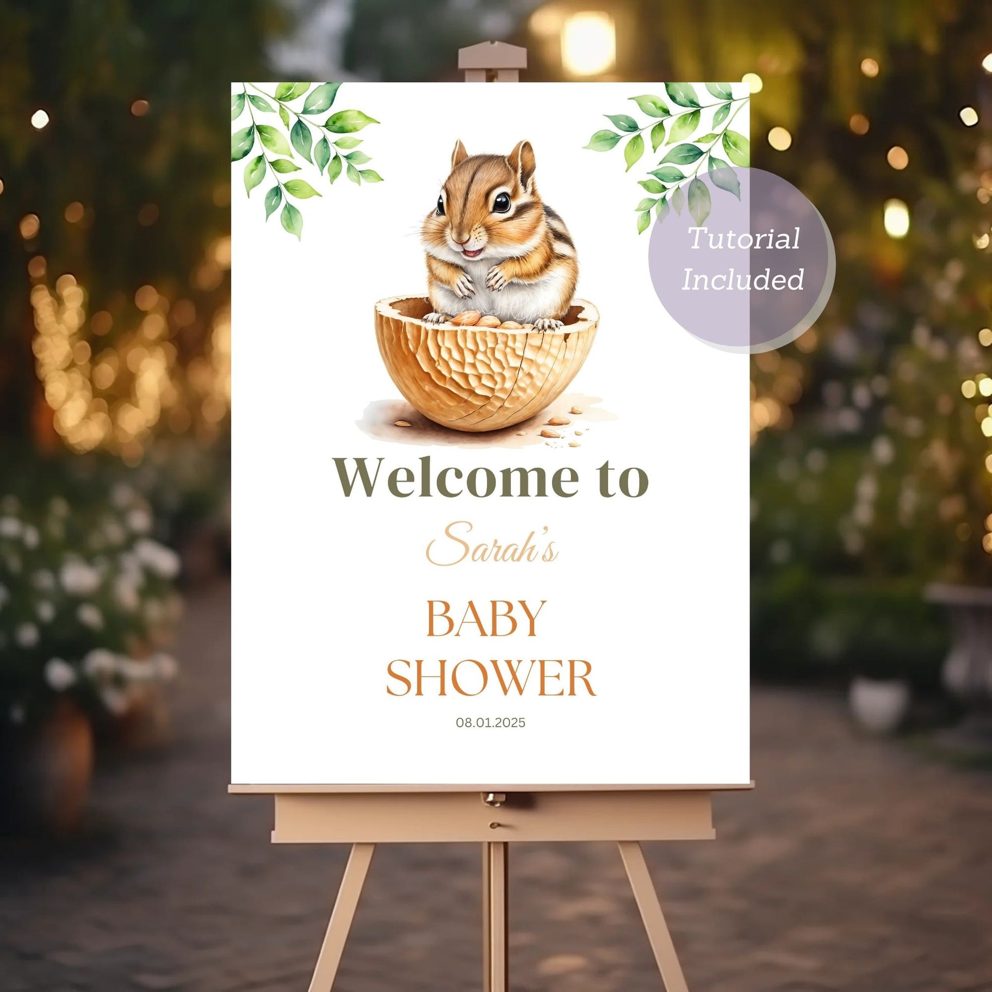 Cute and customizable chipmunk baby shower welcome sign for your event.