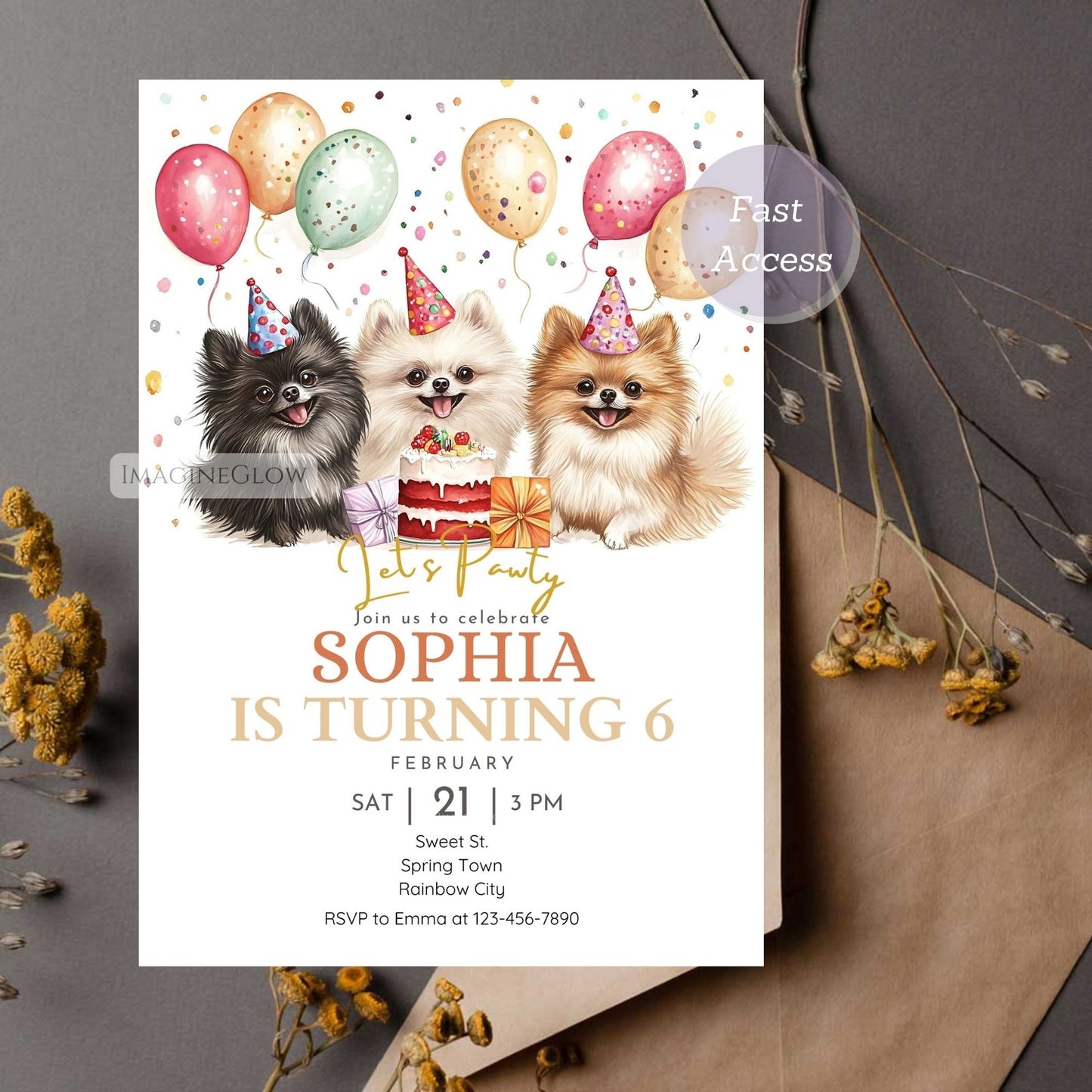 Digital download Pomeranian birthday invite
