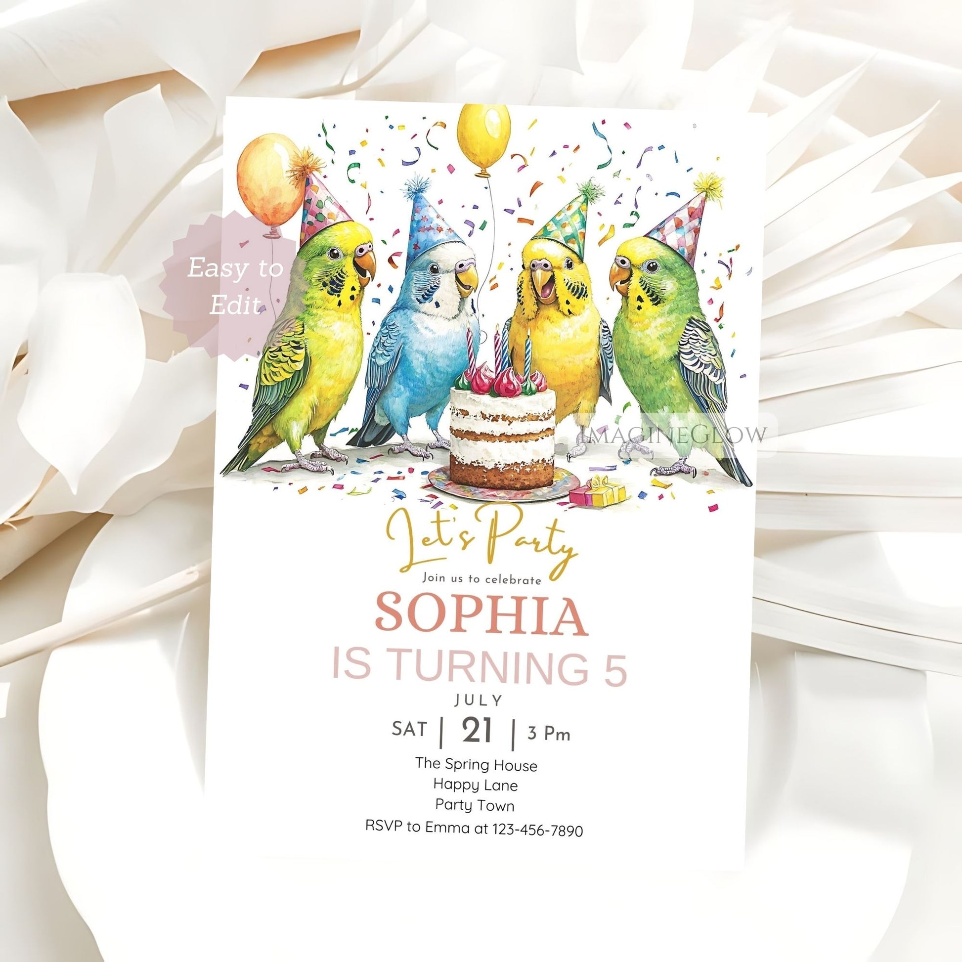 Editable parakeet birthday invitation Canva template

