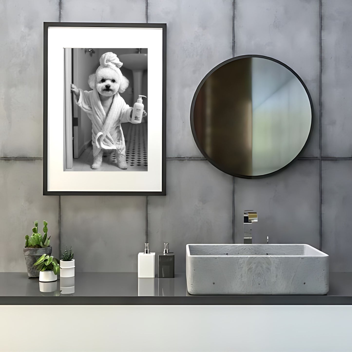 Quirky animal humor with a Bichon wall art for toilet wall decor.
Bathtime art featuring a Bichon Frise in a tub for washroom decor.
