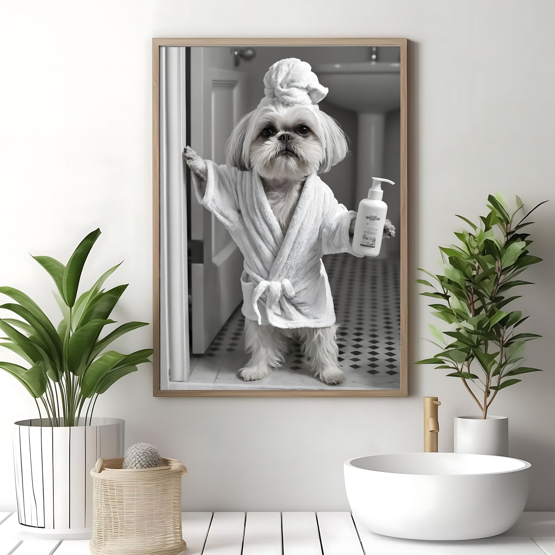 Petshop art showcasing a playful Shih Tzu in a bathtub for funny toilet art.
